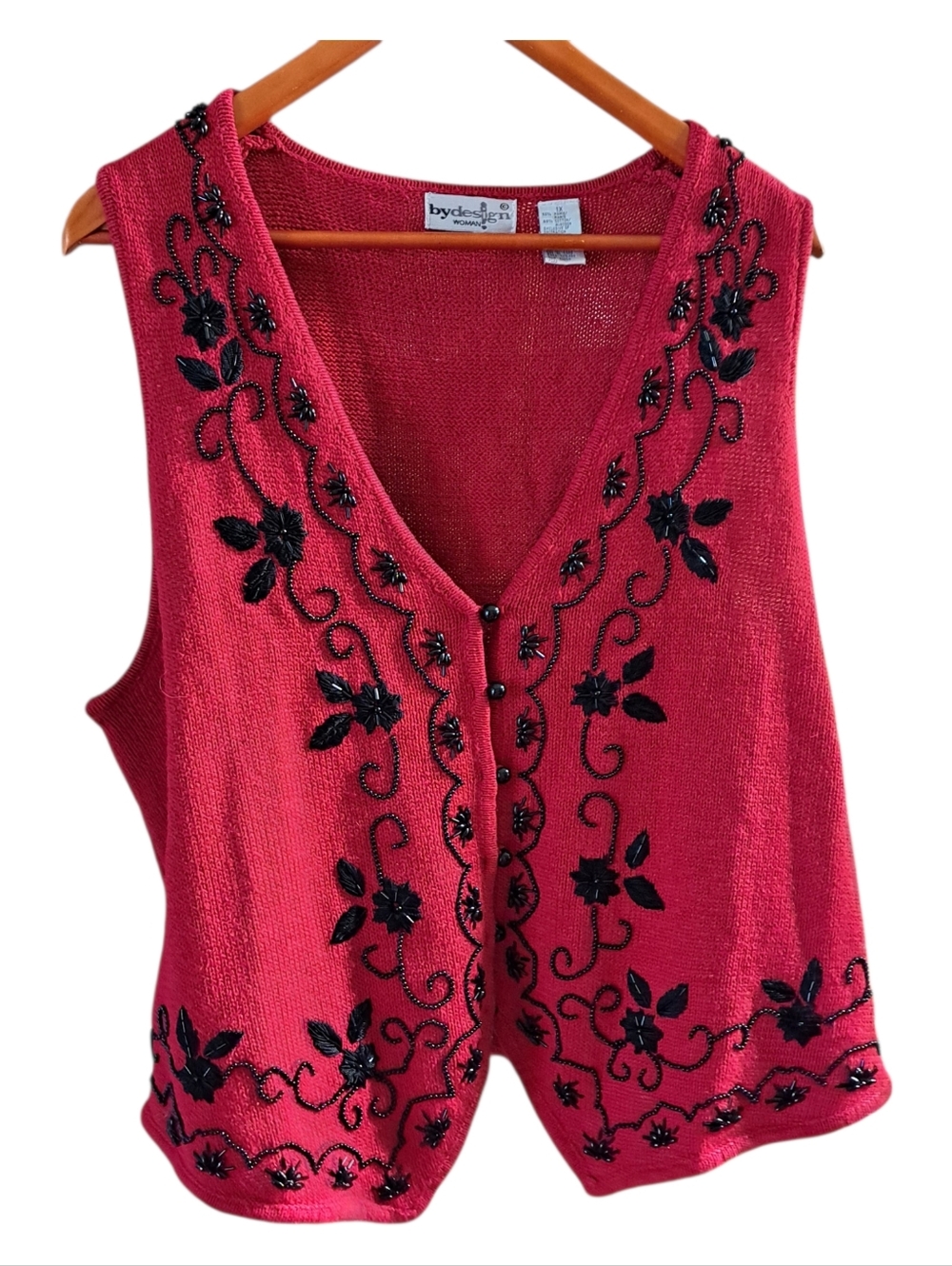 ByDesign Woman Knit Red Black Beaded Sweater Vest Vintage 1X